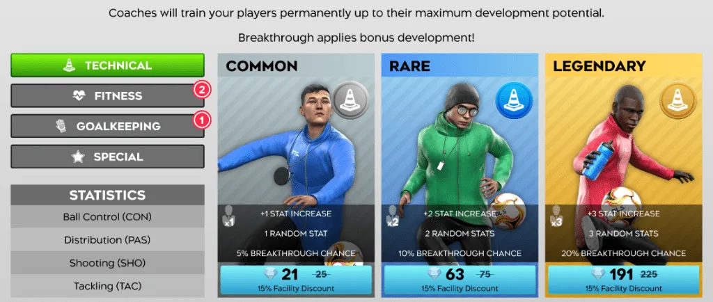 Players can select upgrade cards or use Diamonds to enhance player stats when Coach cards are unavailable.